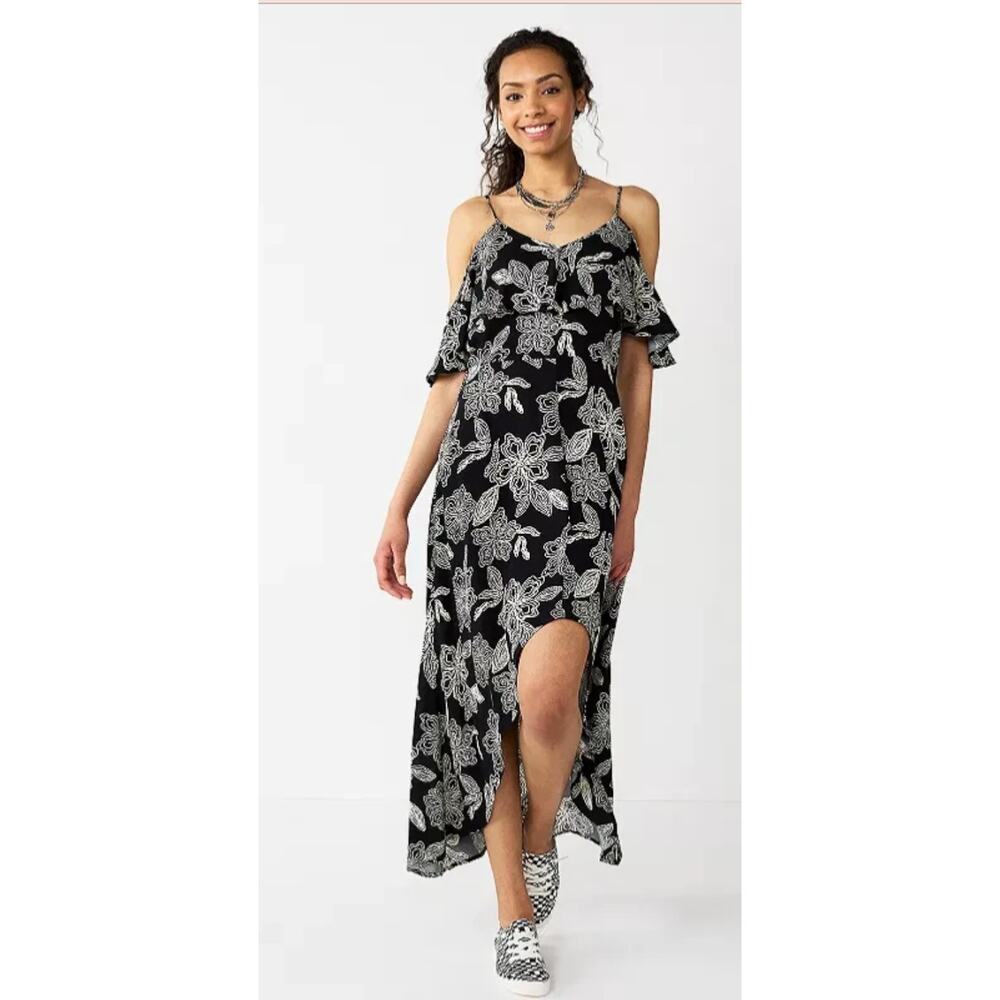 Rewind High Low Midi Dress XL Black White NWOT Cold Shoulder Floral Design